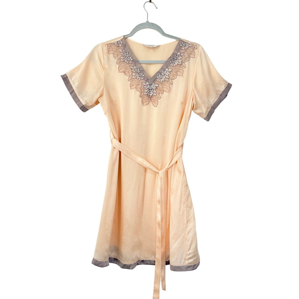 JinRou 100% Silk Peach Embroidered Lace V-Neck Nightgown Slip Dress Large